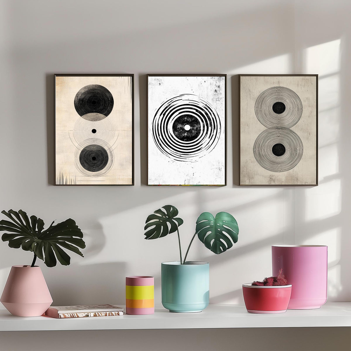 Concentric Circles Set of Three Art Prints - 3 Black White Abstract Posters - Minimalist Wall Art Illustration Decor V1