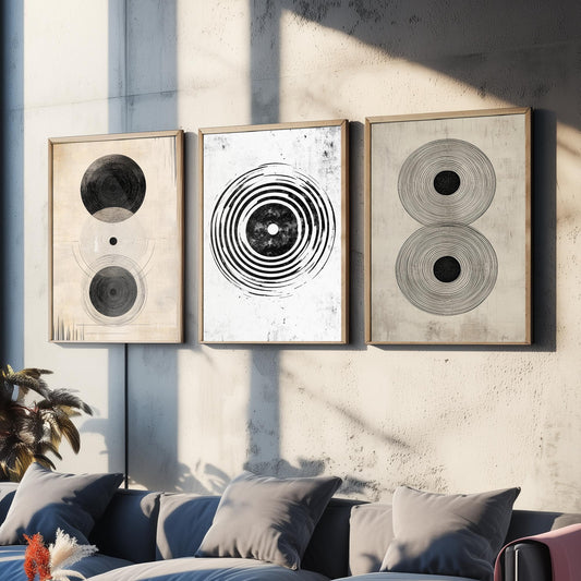 Concentric Circles Set of Three Art Prints - 3 Black White Abstract Posters - Minimalist Wall Art Illustration Decor V1
