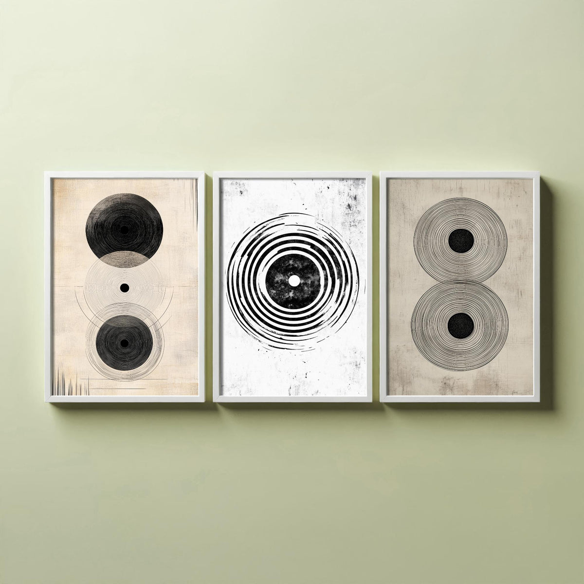 Concentric Circles Set of Three Art Prints - 3 Black White Abstract Posters - Minimalist Wall Art Illustration Decor V1
