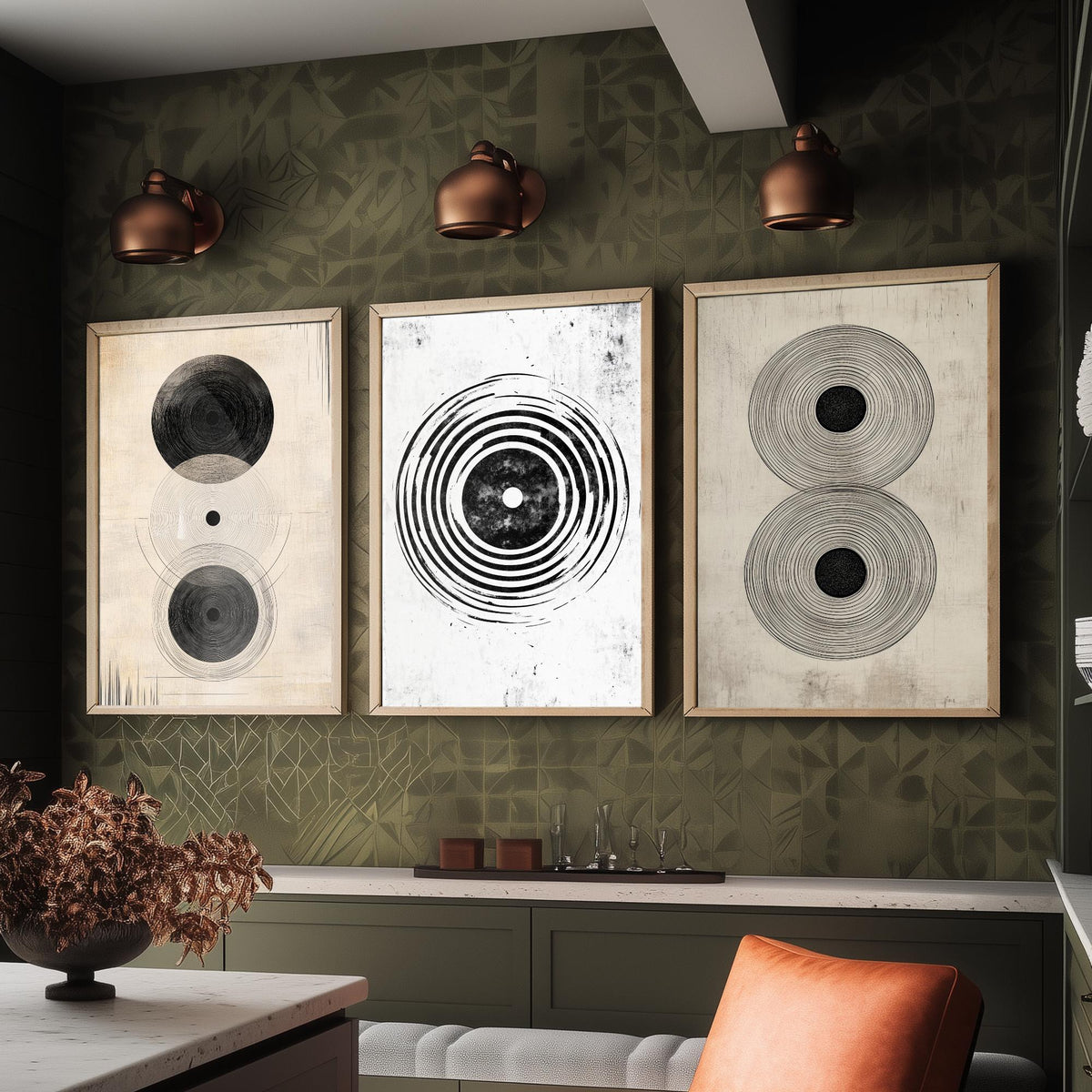 Concentric Circles Set of Three Art Prints - 3 Black White Abstract Posters - Minimalist Wall Art Illustration Decor V1