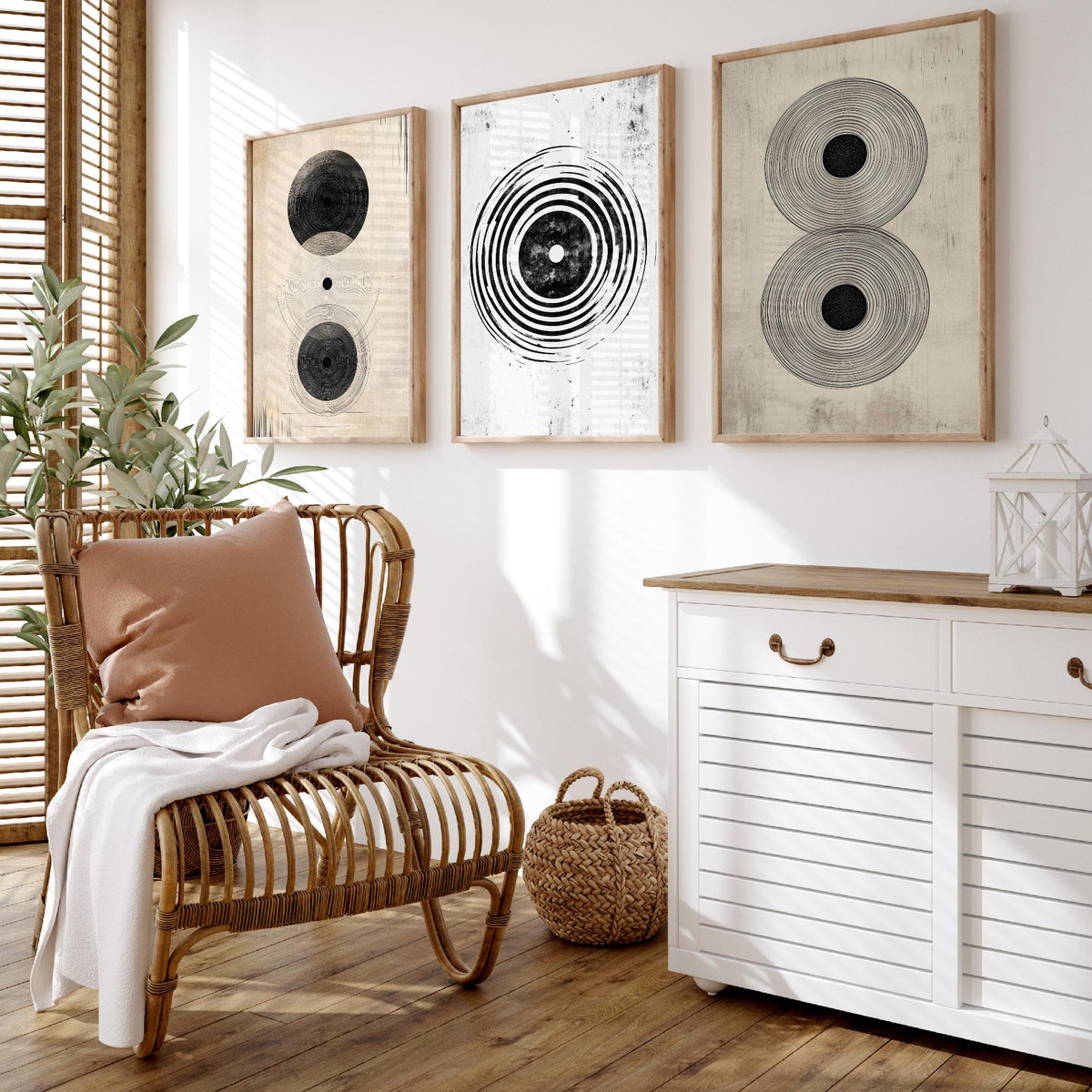 Concentric Circles Set of Three Art Prints - 3 Black White Abstract Posters - Minimalist Wall Art Illustration Decor V1