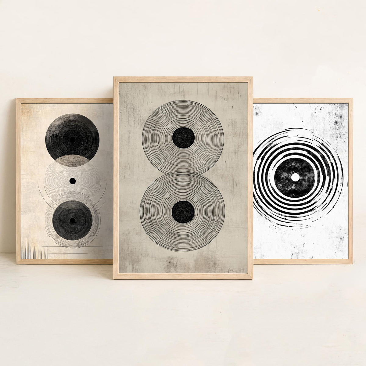 Concentric Circles Set of Three Art Prints - 3 Black White Abstract Posters - Minimalist Wall Art Illustration Decor V1