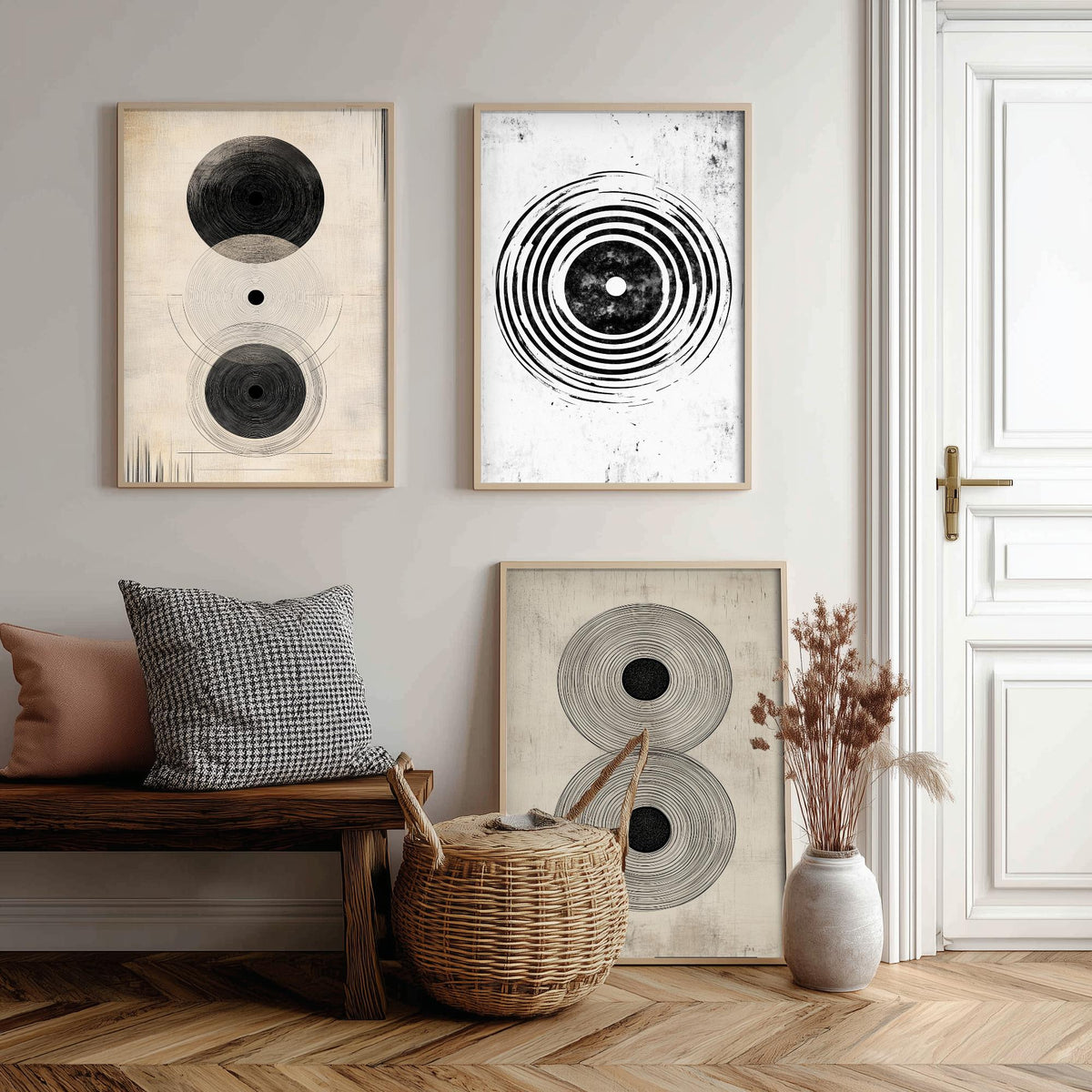 Concentric Circles Set of Three Art Prints - 3 Black White Abstract Posters - Minimalist Wall Art Illustration Decor V1