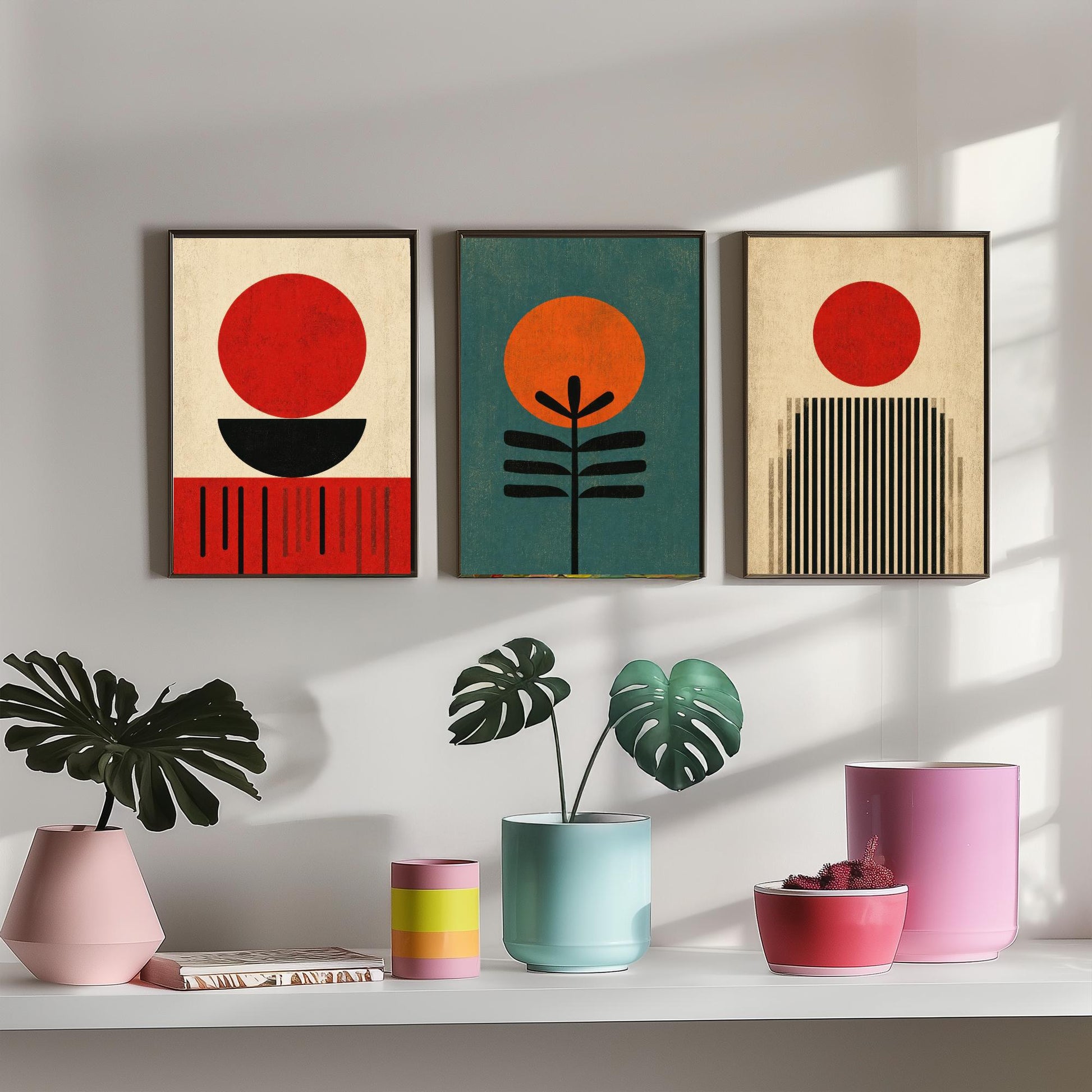 Bauhaus Set of Three Art Prints - Minimalist Geometric Wall Art - Mid Century Modern Poster Illustration Gift Abstract Decor