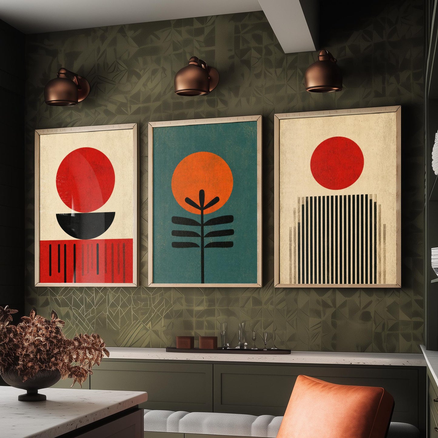 Bauhaus Set of Three Art Prints - Minimalist Geometric Wall Art - Mid Century Modern Poster Illustration Gift Abstract Decor