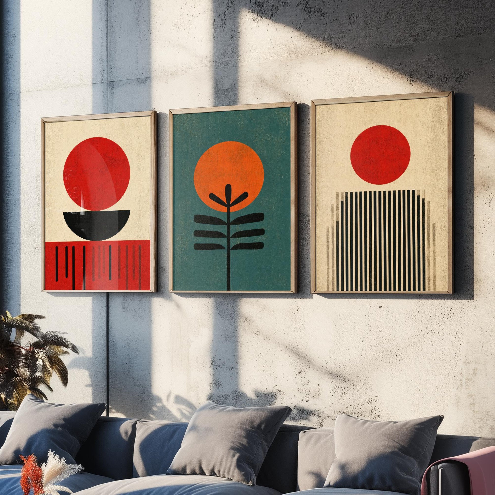 Bauhaus Set of Three Art Prints - Minimalist Geometric Wall Art - Mid Century Modern Poster Illustration Gift Abstract Decor