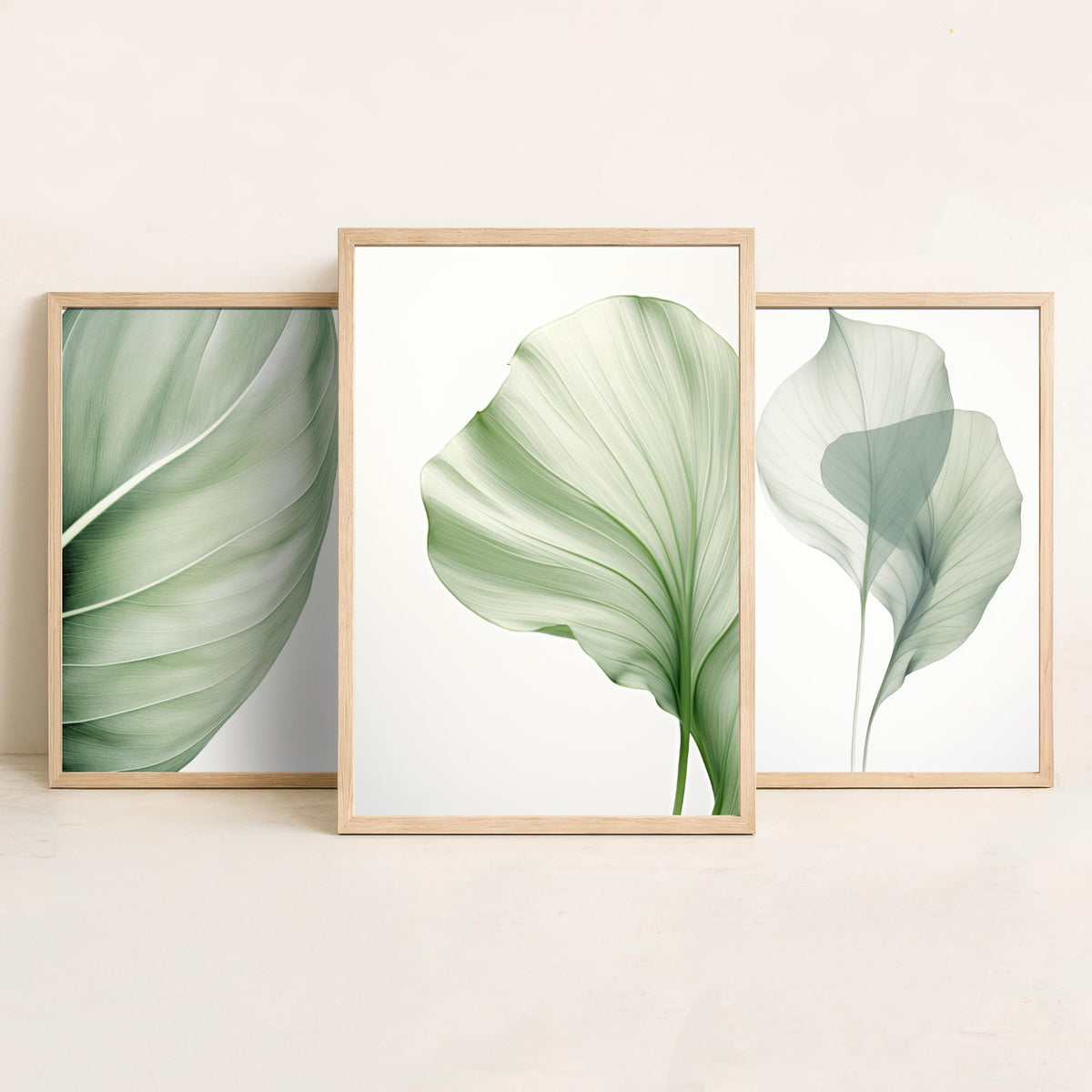 Minimalist Green Leaves Set of Three Art Prints - Sage Botanical Leaf Studies - Calm Japandi Poster Illustration