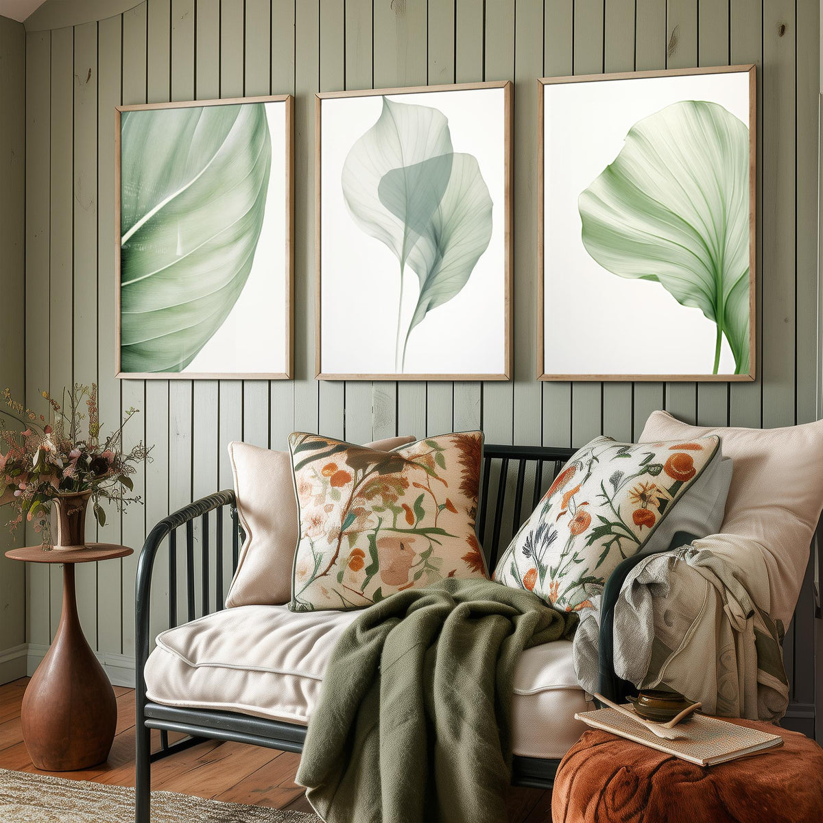 Minimalist Green Leaves Set of Three Art Prints - Sage Botanical Leaf Studies - Calm Japandi Poster Illustration