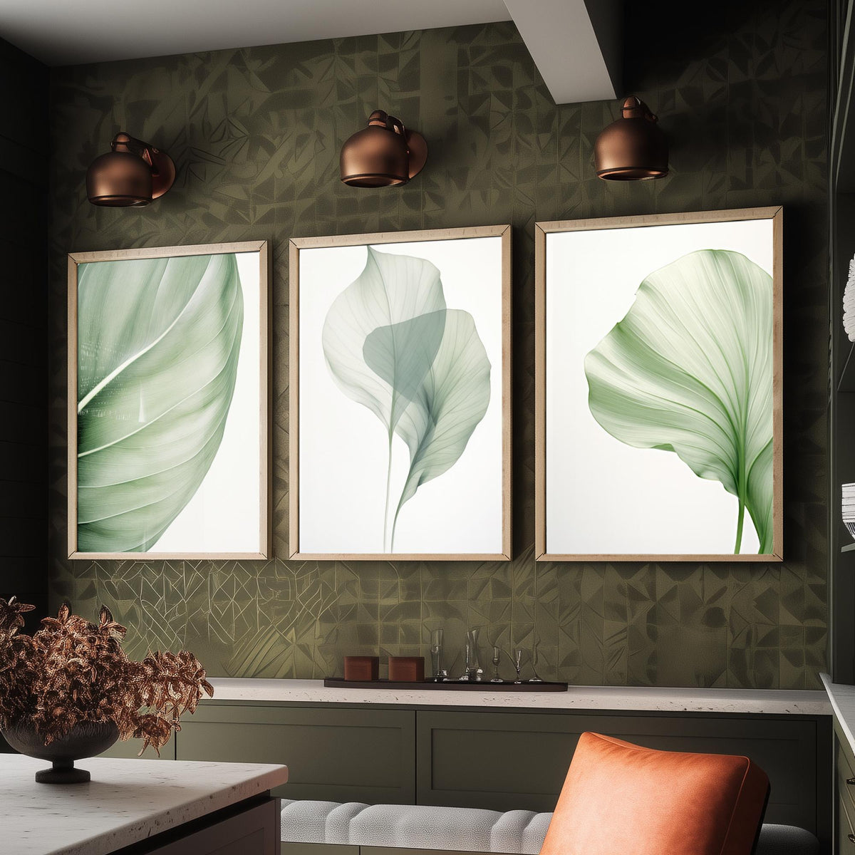 Minimalist Green Leaves Set of Three Art Prints - Sage Botanical Leaf Studies - Calm Japandi Poster Illustration