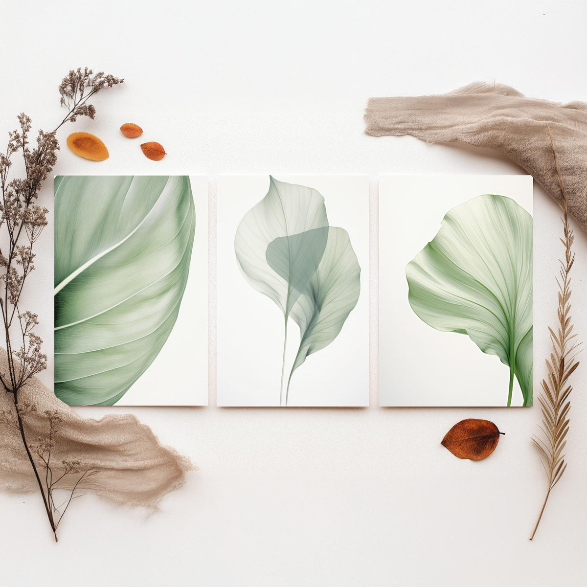 Minimalist Green Leaves Set of Three Art Prints - Sage Botanical Leaf Studies - Calm Japandi Poster Illustration