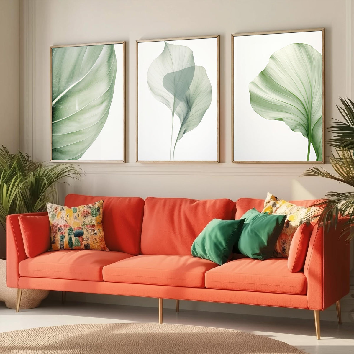 Minimalist Green Leaves Set of Three Art Prints - Sage Botanical Leaf Studies - Calm Japandi Poster Illustration