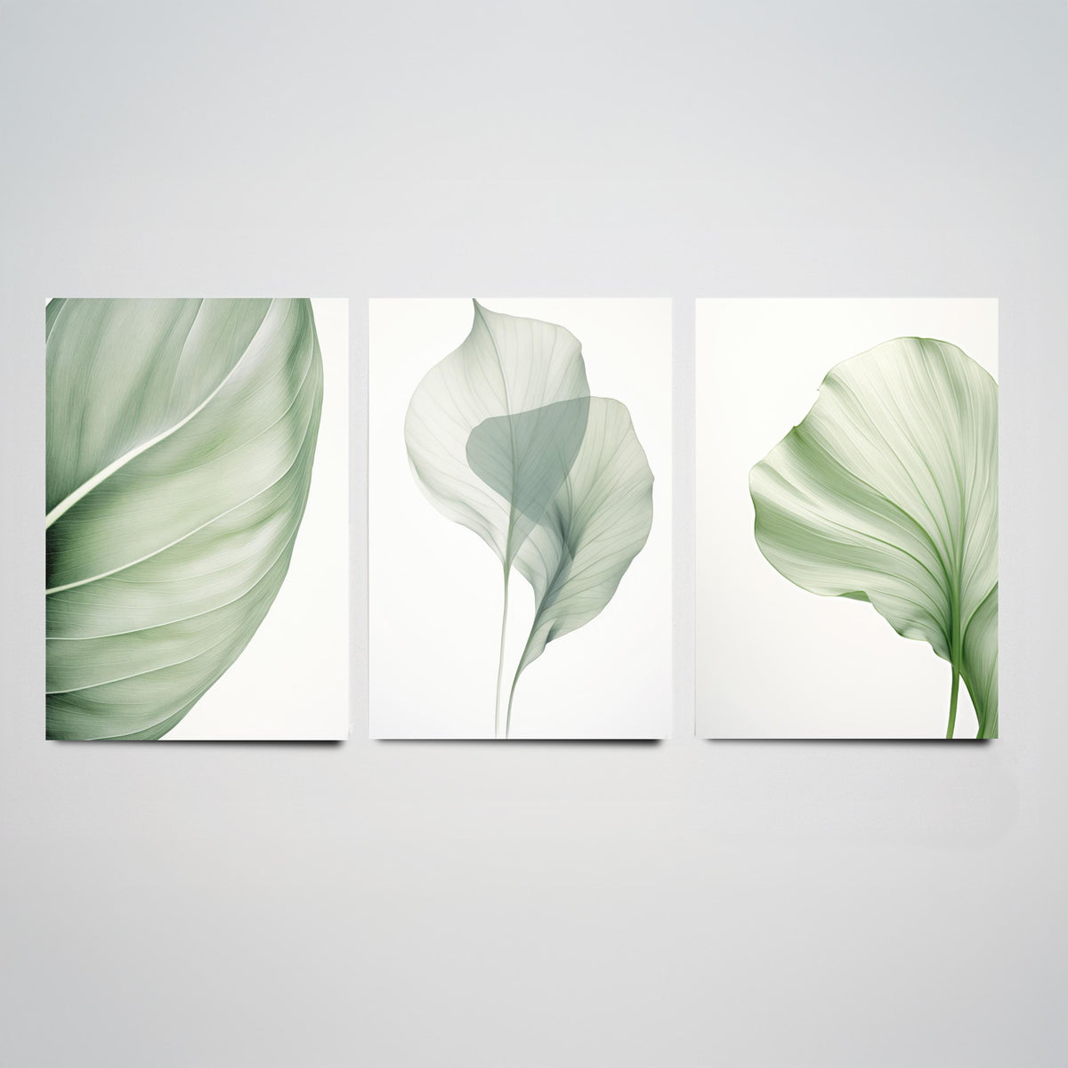 Minimalist Green Leaves Set of Three Art Prints - Sage Botanical Leaf Studies - Calm Japandi Poster Illustration