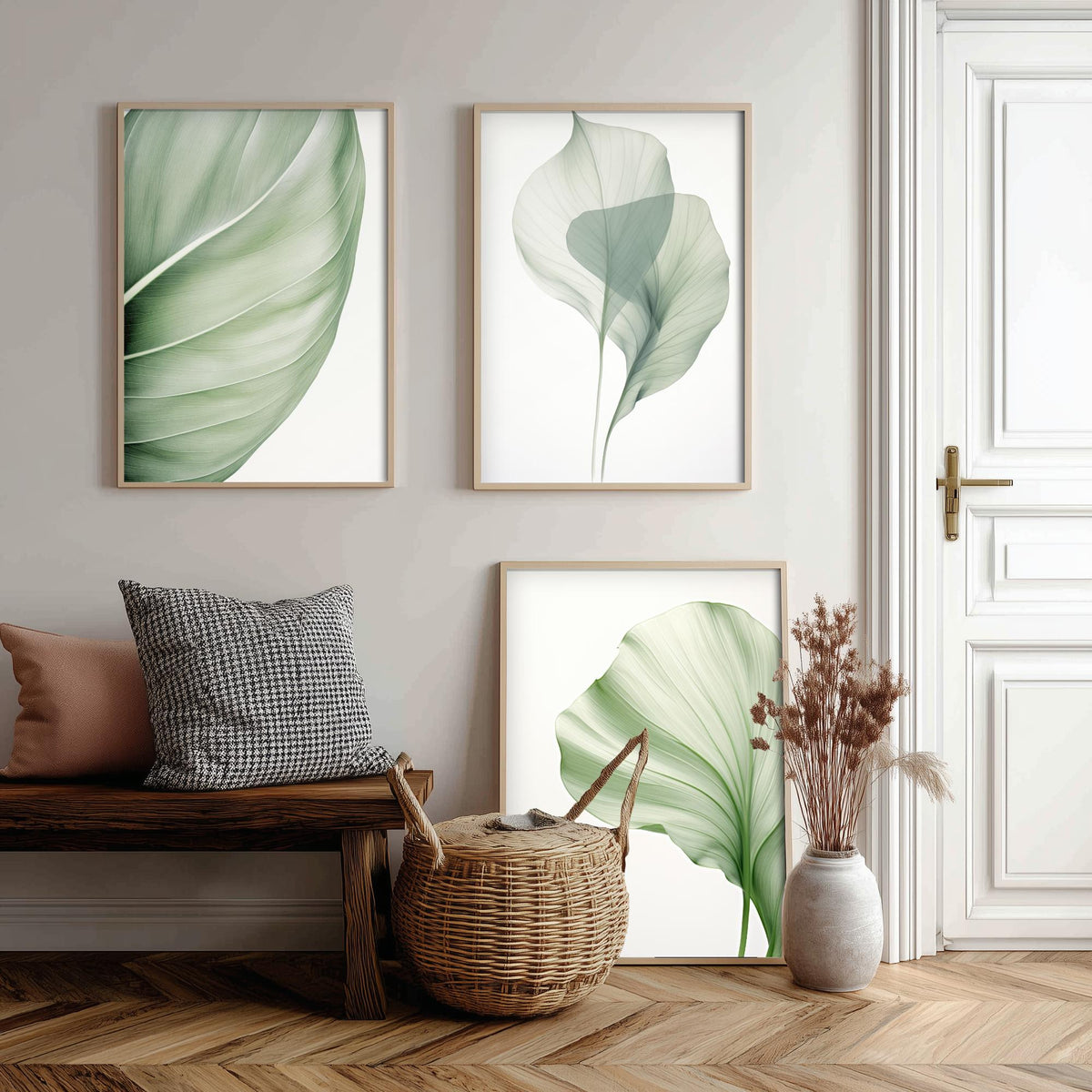 Minimalist Green Leaves Set of Three Art Prints - Sage Botanical Leaf Studies - Calm Japandi Poster Illustration