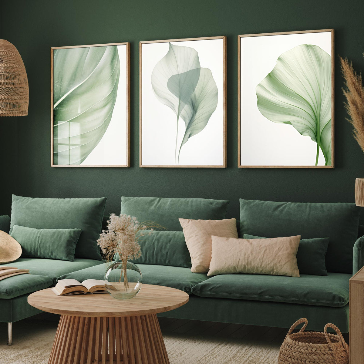 Minimalist Green Leaves Set of Three Art Prints - Sage Botanical Leaf Studies - Calm Japandi Poster Illustration