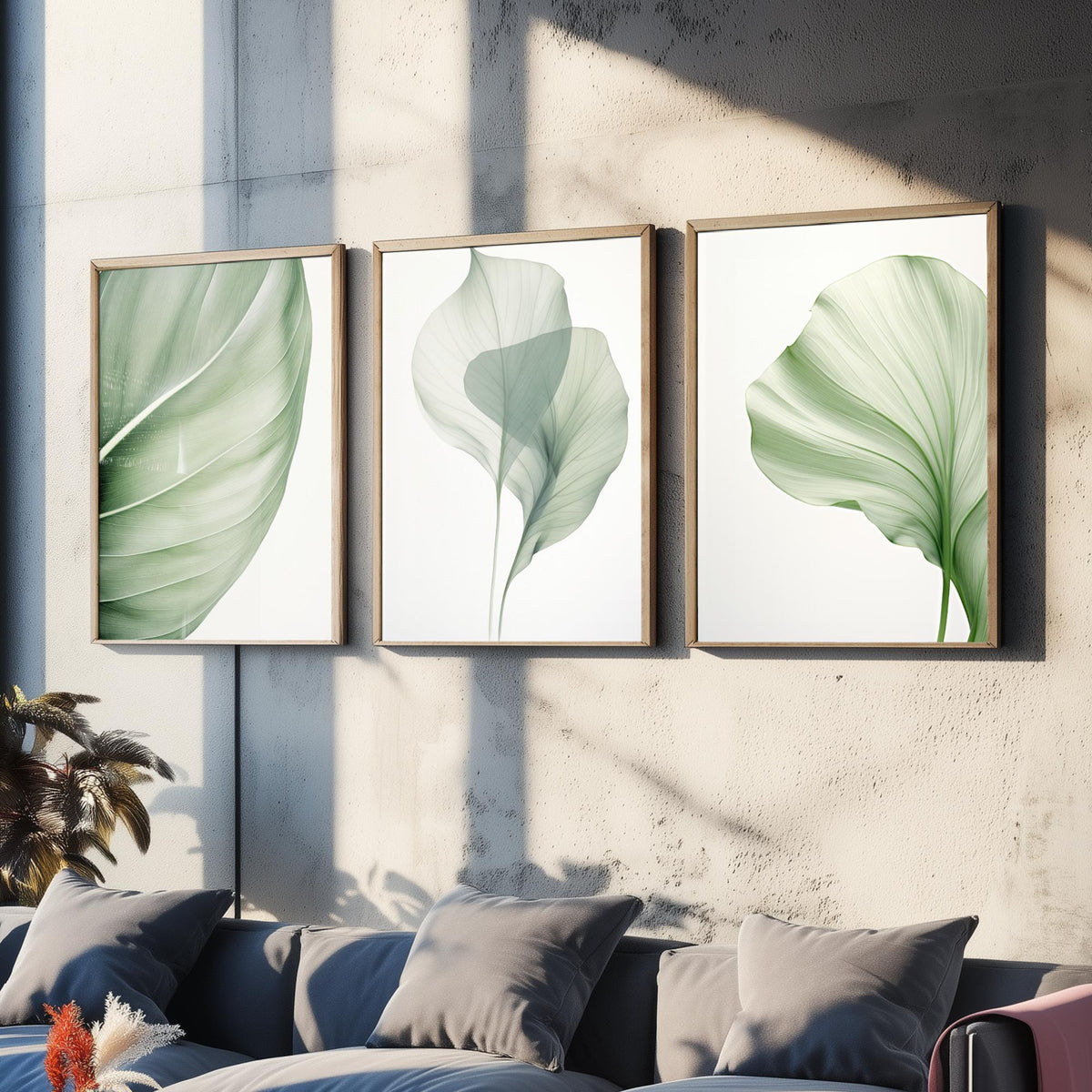 Minimalist Green Leaves Set of Three Art Prints - Sage Botanical Leaf Studies - Calm Japandi Poster Illustration
