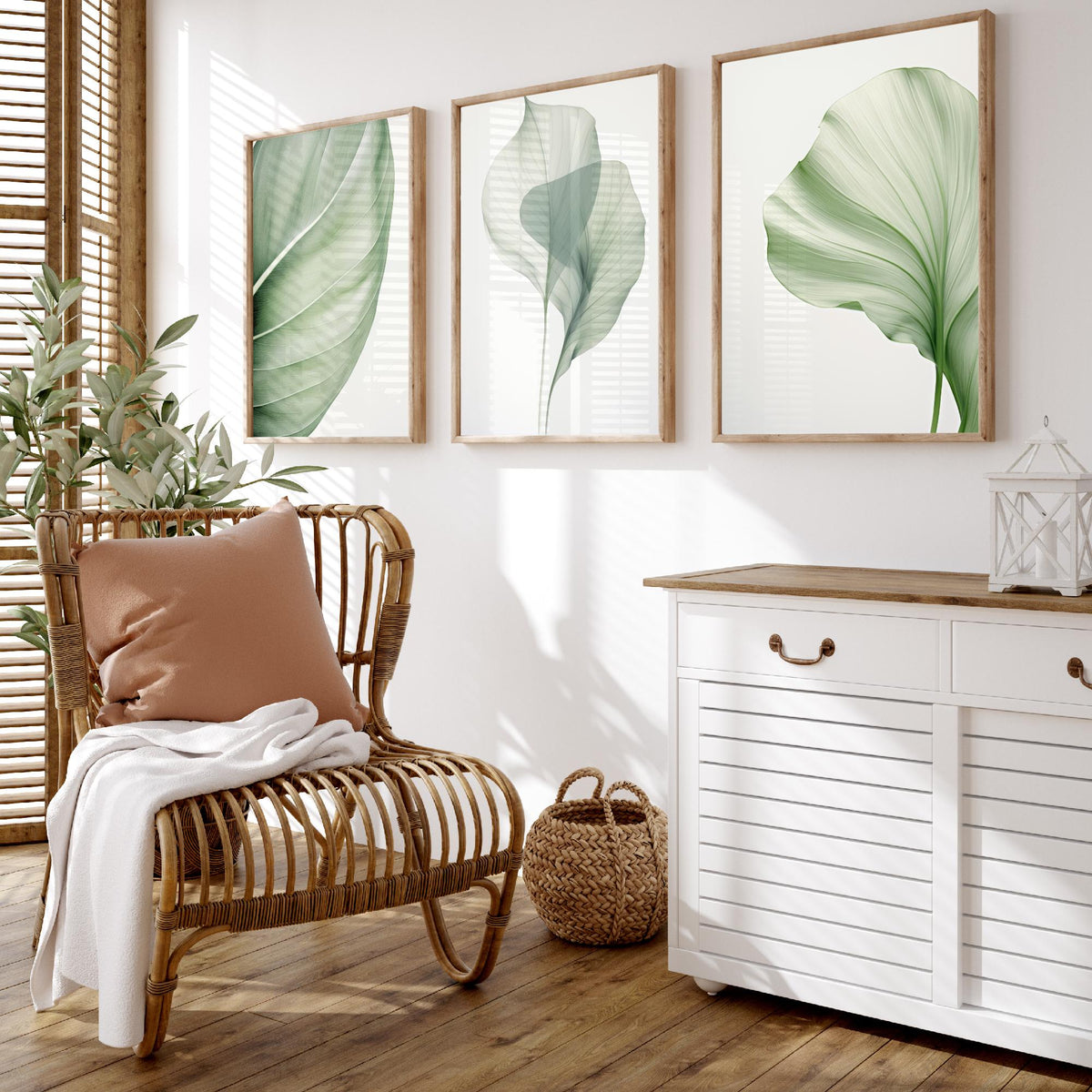 Minimalist Green Leaves Set of Three Art Prints - Sage Botanical Leaf Studies - Calm Japandi Poster Illustration