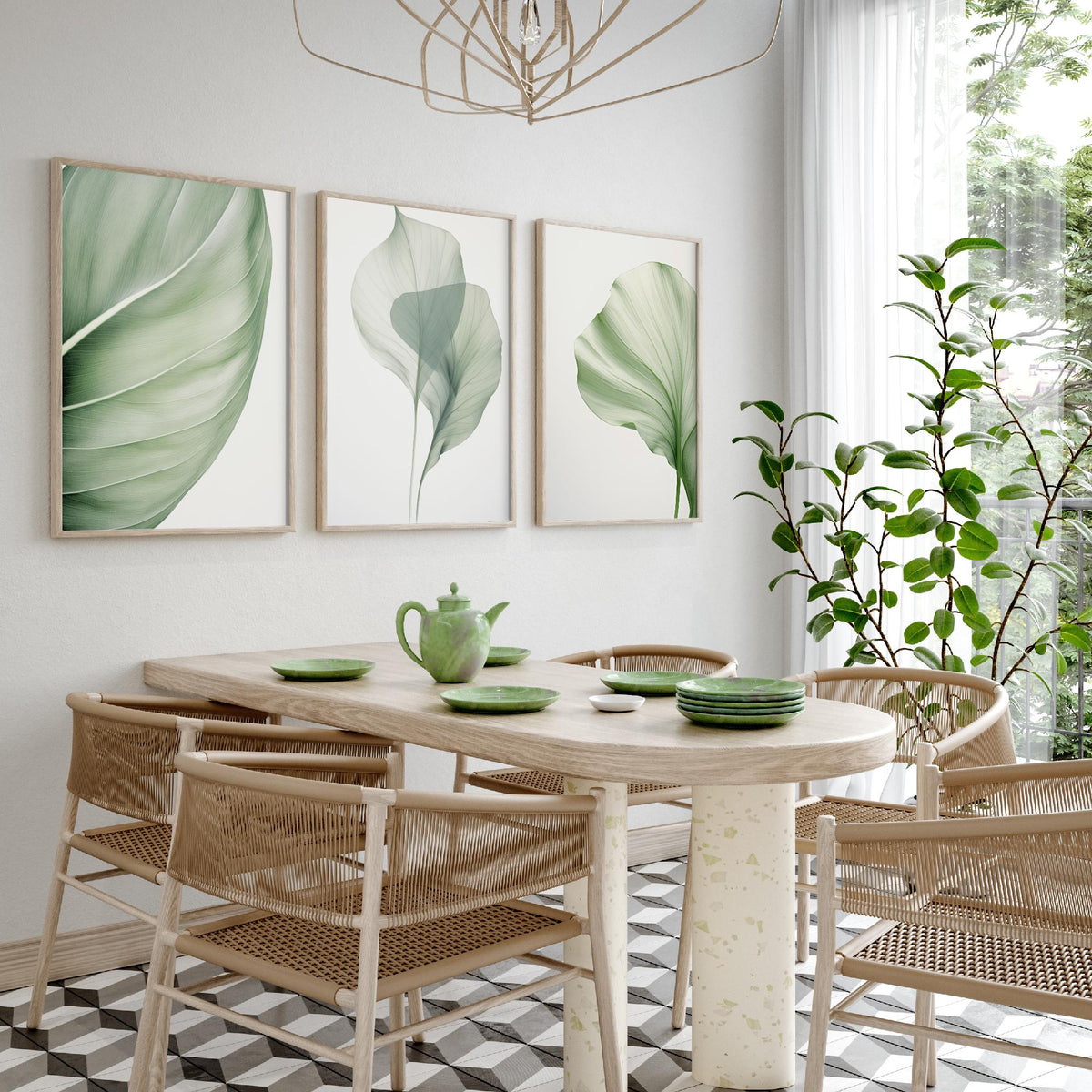 Minimalist Green Leaves Set of Three Art Prints - Sage Botanical Leaf Studies - Calm Japandi Poster Illustration