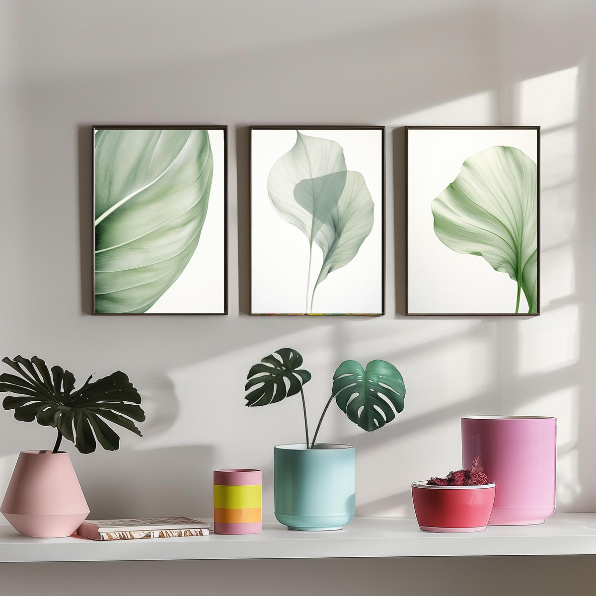 Minimalist Green Leaves Set of Three Art Prints - Sage Botanical Leaf Studies - Calm Japandi Poster Illustration