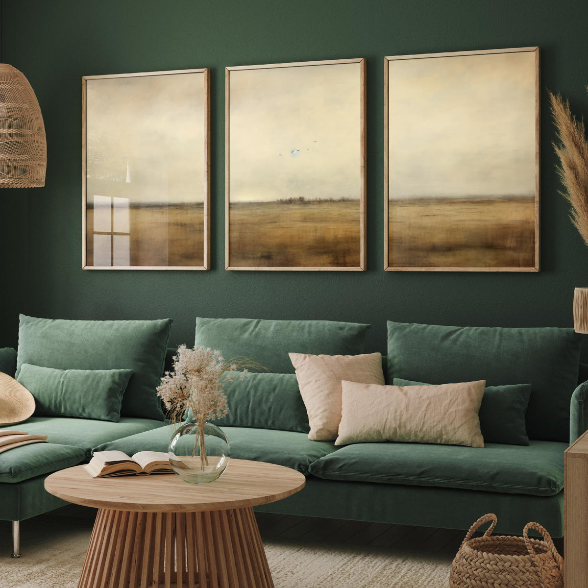 Minimalist Horizon with Birds Set of Three Art Prints - Sepia Plain and Distant Flock - Neutral Abstract Painting Poster