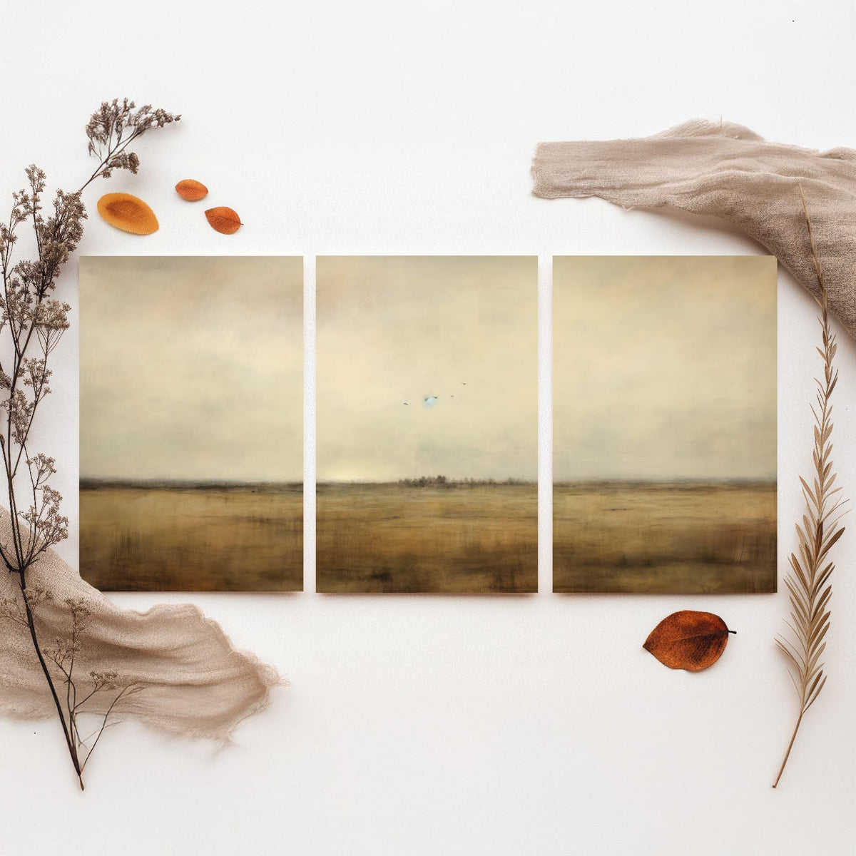 Minimalist Horizon with Birds Set of Three Art Prints - Sepia Plain and Distant Flock - Neutral Abstract Painting Poster