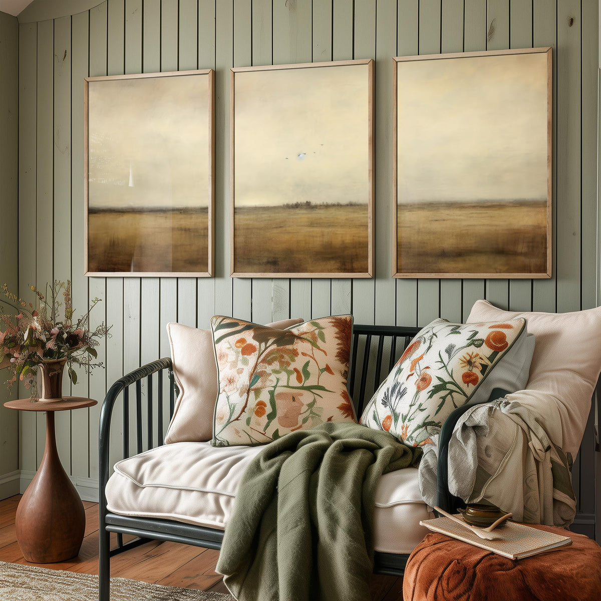 Minimalist Horizon with Birds Set of Three Art Prints - Sepia Plain and Distant Flock - Neutral Abstract Painting Poster