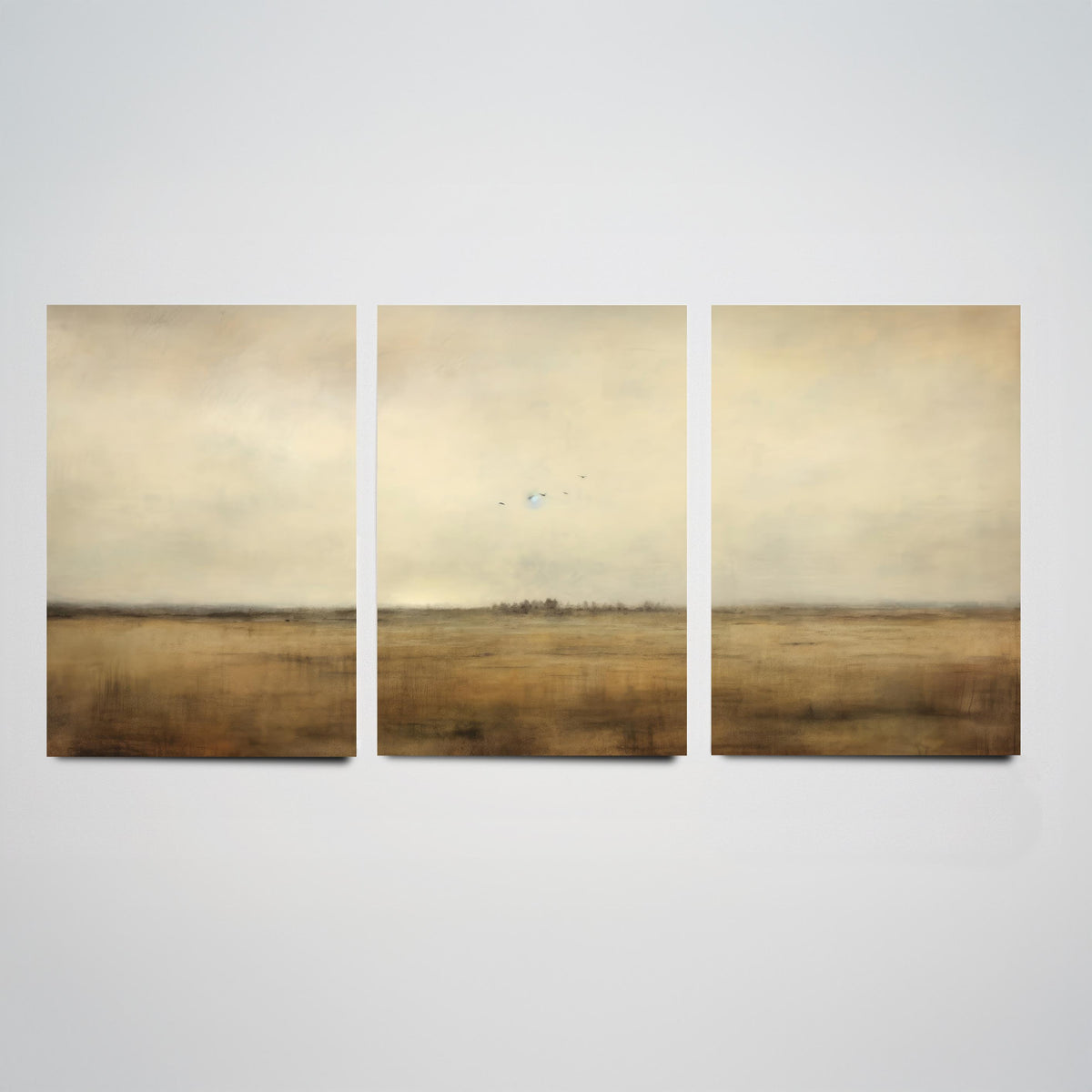 Minimalist Horizon with Birds Set of Three Art Prints - Sepia Plain and Distant Flock - Neutral Abstract Painting Poster