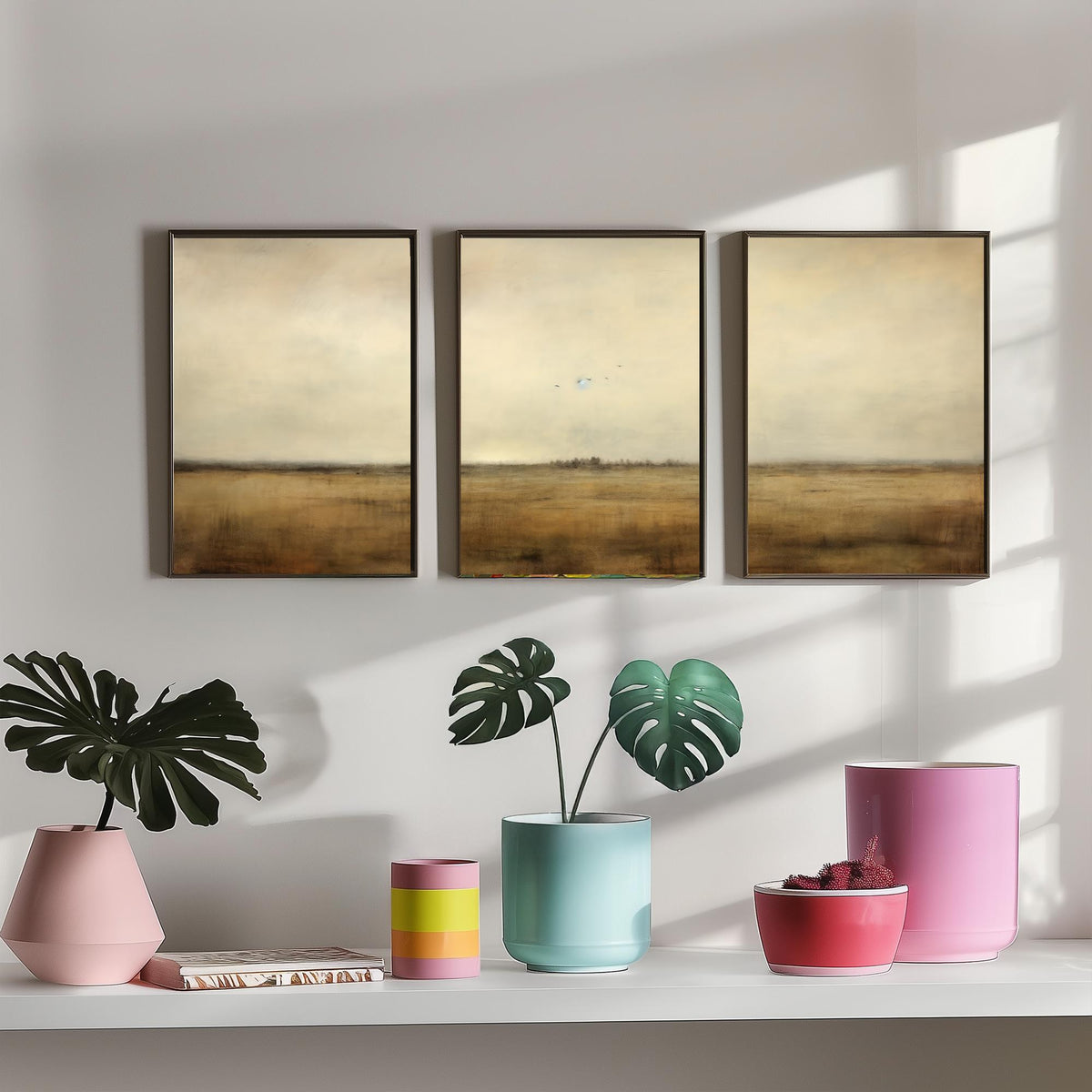 Minimalist Horizon with Birds Set of Three Art Prints - Sepia Plain and Distant Flock - Neutral Abstract Painting Poster