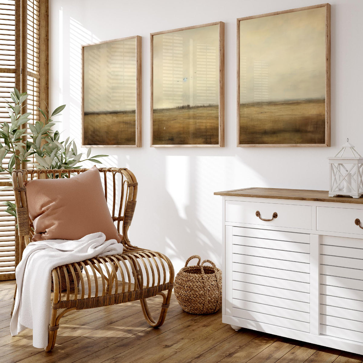 Minimalist Horizon with Birds Set of Three Art Prints - Sepia Plain and Distant Flock - Neutral Abstract Painting Poster