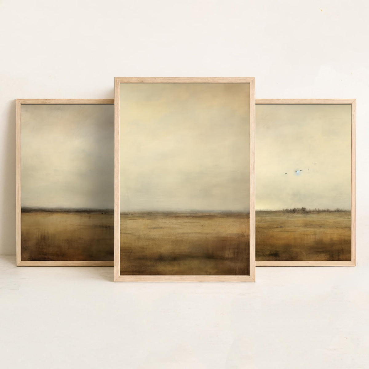 Minimalist Horizon with Birds Set of Three Art Prints - Sepia Plain and Distant Flock - Neutral Abstract Painting Poster