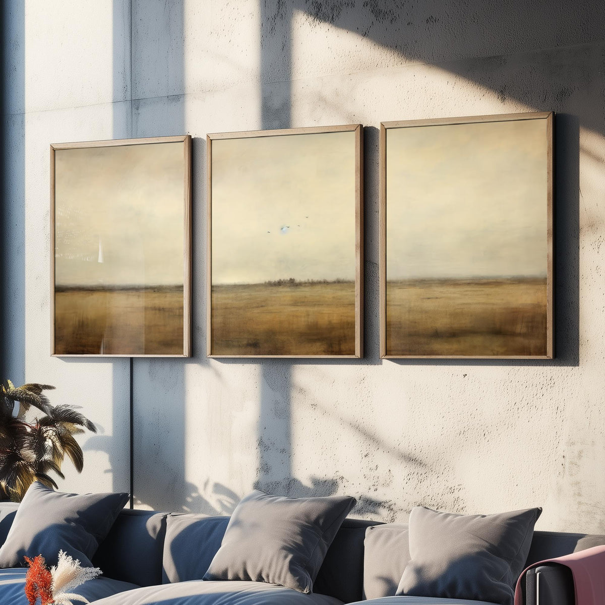 Minimalist Horizon with Birds Set of Three Art Prints - Sepia Plain and Distant Flock - Neutral Abstract Painting Poster