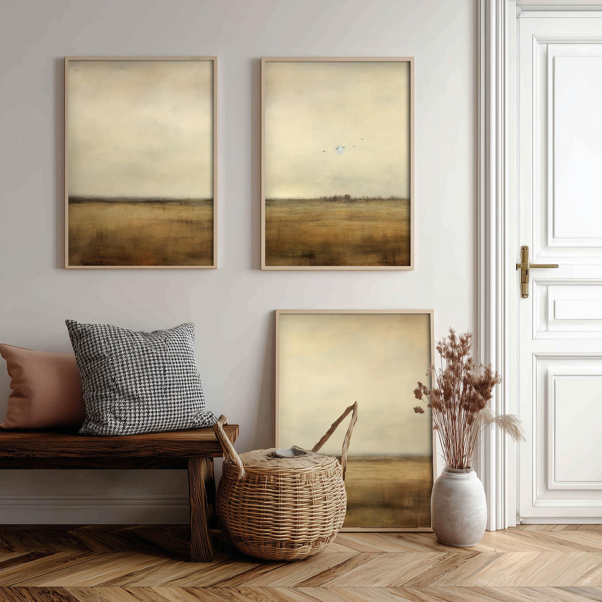 Minimalist Horizon with Birds Set of Three Art Prints - Sepia Plain and Distant Flock - Neutral Abstract Painting Poster
