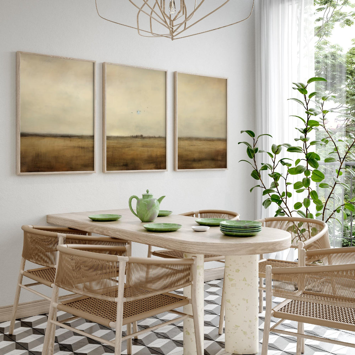 Minimalist Horizon with Birds Set of Three Art Prints - Sepia Plain and Distant Flock - Neutral Abstract Painting Poster