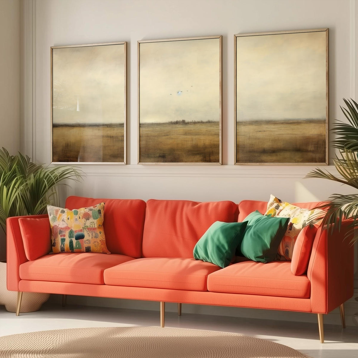 Minimalist Horizon with Birds Set of Three Art Prints - Sepia Plain and Distant Flock - Neutral Abstract Painting Poster