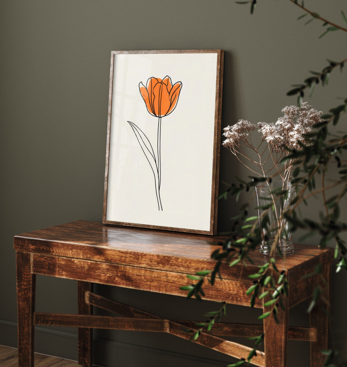 Orange Tulip Art Print - Long Stem Flower Poster - Minimalist Spring Line Drawing V2 2/3