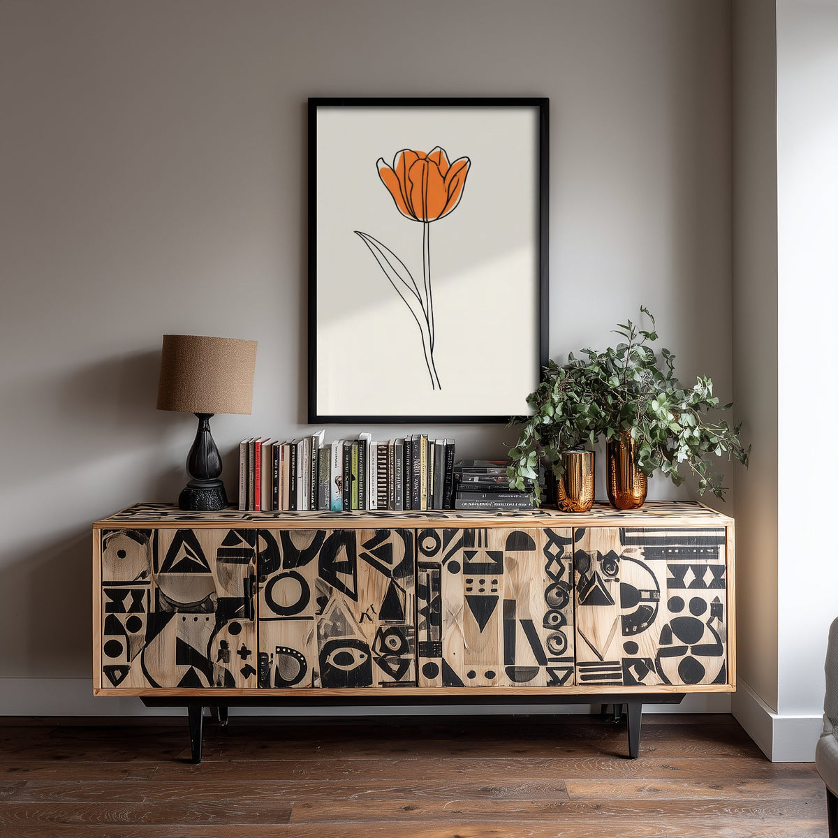 Orange Tulip Art Print - Long Stem Flower Poster - Minimalist Spring Line Drawing V2 2/3