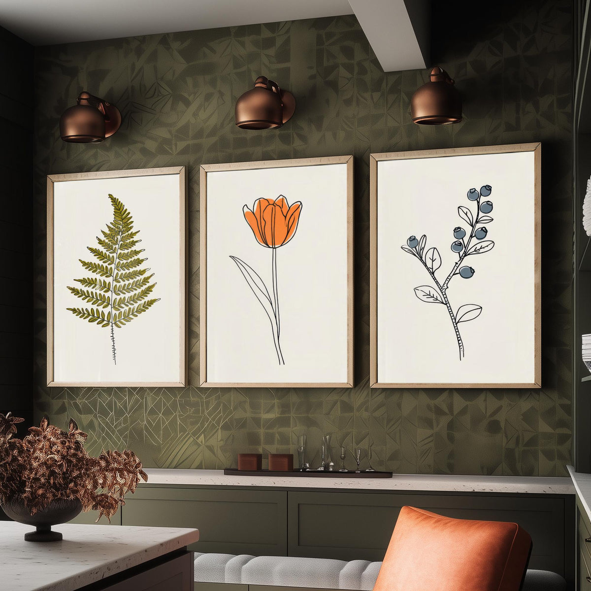 Minimalist Botanical Set of Three Art Prints - Fern, Orange Tulip, Blueberry - Line Drawing Poster with Colour V2