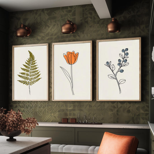 Minimalist Botanical Set of Three Art Prints - Fern, Orange Tulip, Blueberry - Line Drawing Poster with Colour V2