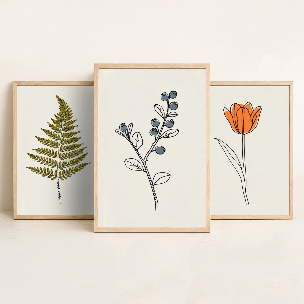 Minimalist Botanical Set of Three Art Prints - Fern, Orange Tulip, Blueberry - Line Drawing Poster with Colour V2
