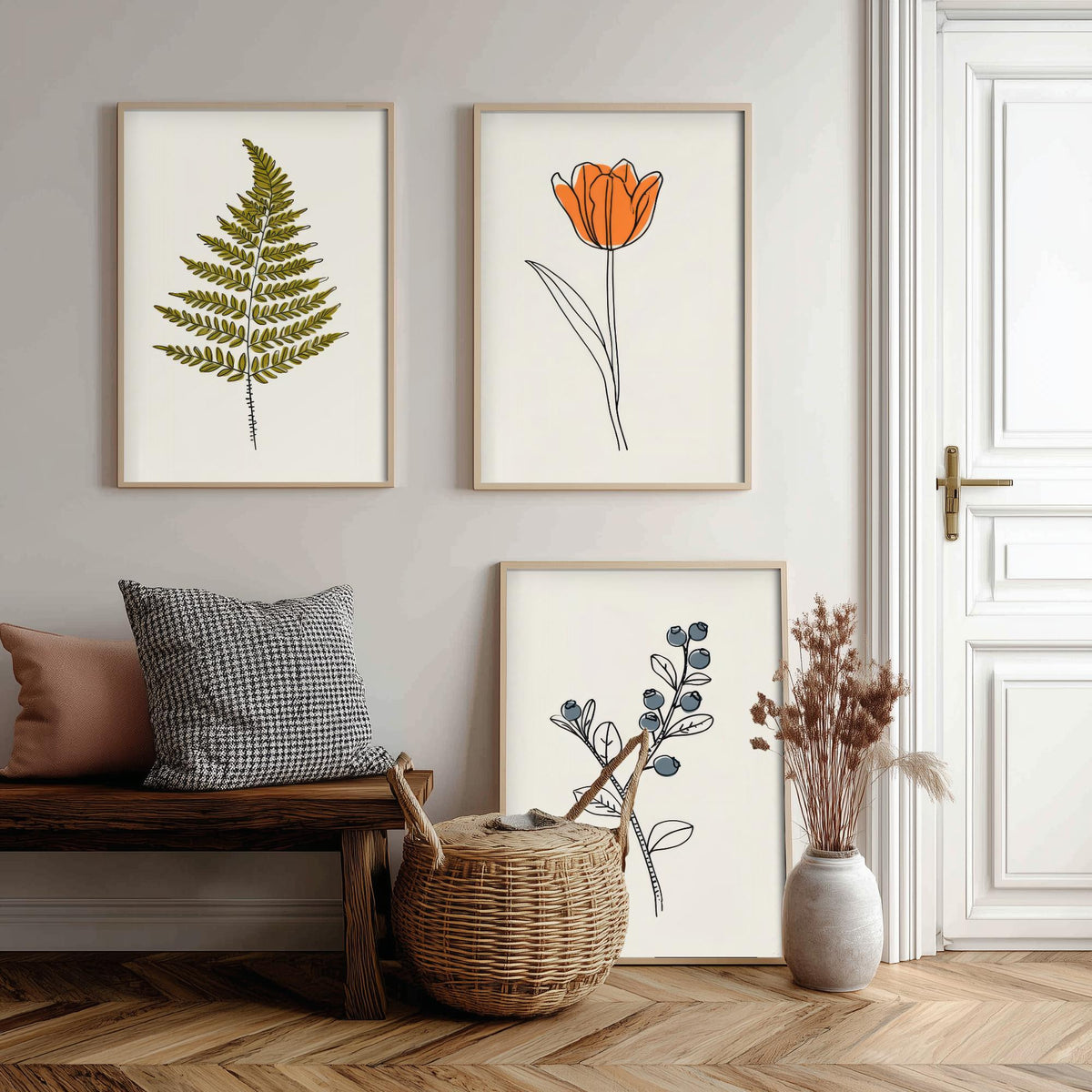 Minimalist Botanical Set of Three Art Prints - Fern, Orange Tulip, Blueberry - Line Drawing Poster with Colour V2