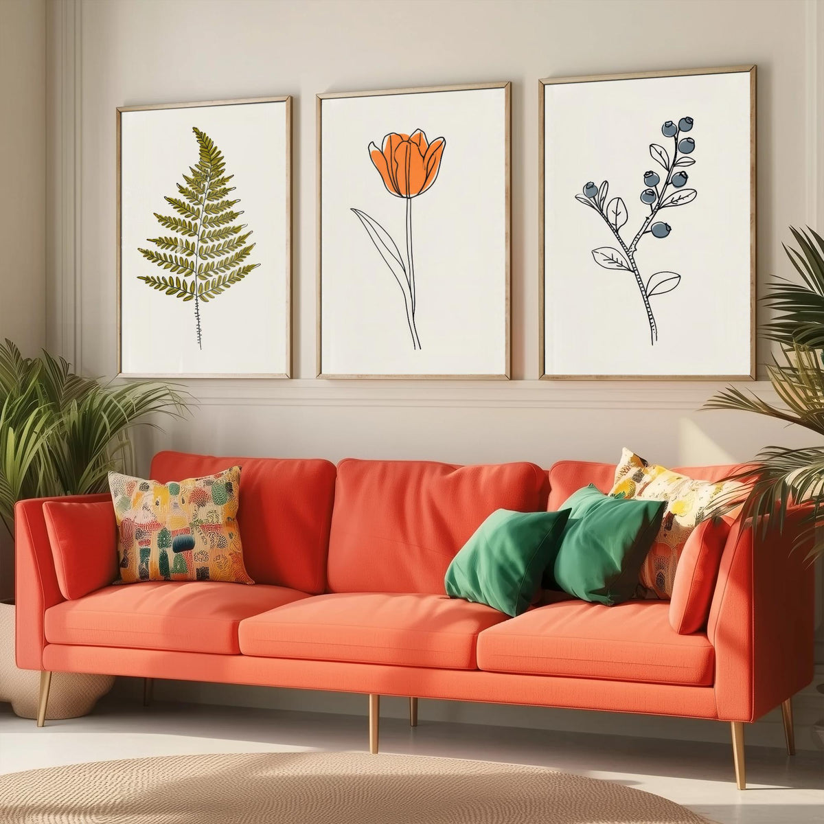 Minimalist Botanical Set of Three Art Prints - Fern, Orange Tulip, Blueberry - Line Drawing Poster with Colour V2