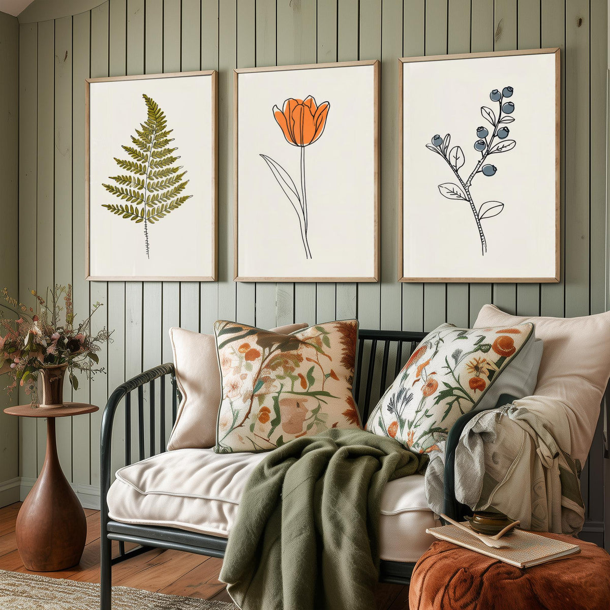 Minimalist Botanical Set of Three Art Prints - Fern, Orange Tulip, Blueberry - Line Drawing Poster with Colour V2