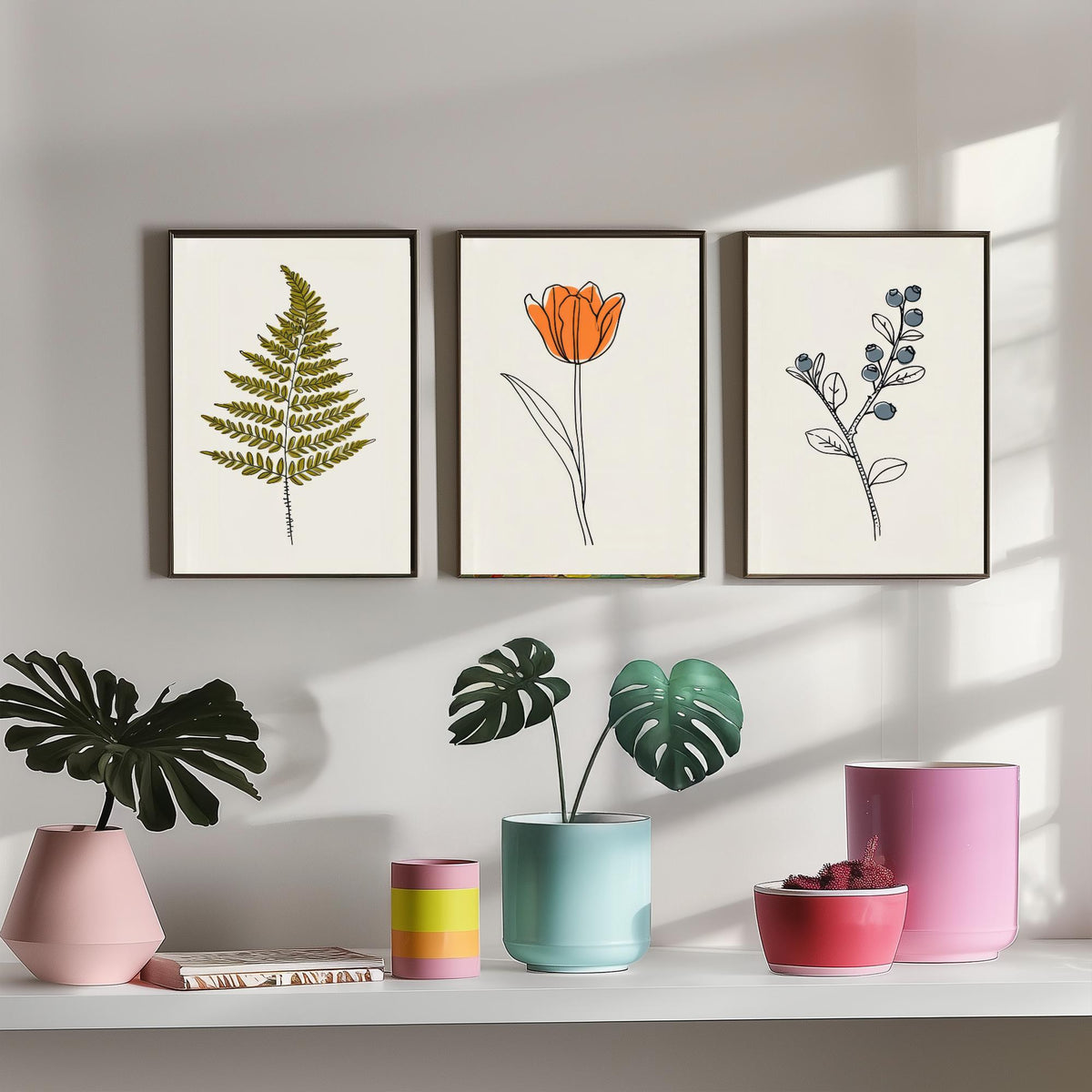 Minimalist Botanical Set of Three Art Prints - Fern, Orange Tulip, Blueberry - Line Drawing Poster with Colour V2