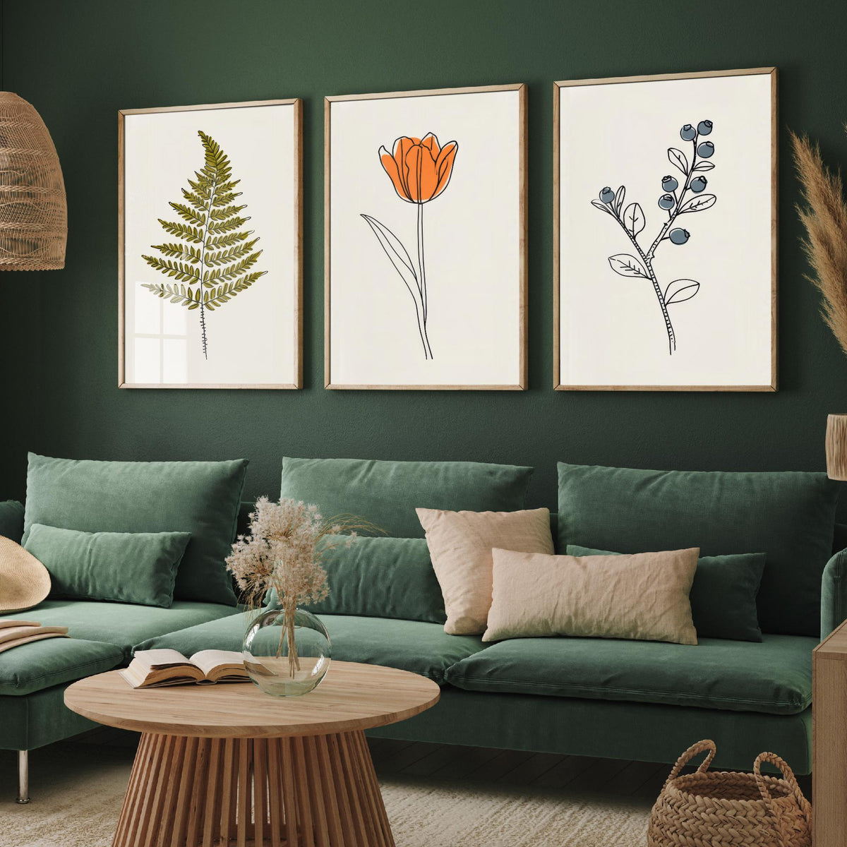 Minimalist Botanical Set of Three Art Prints - Fern, Orange Tulip, Blueberry - Line Drawing Poster with Colour V2
