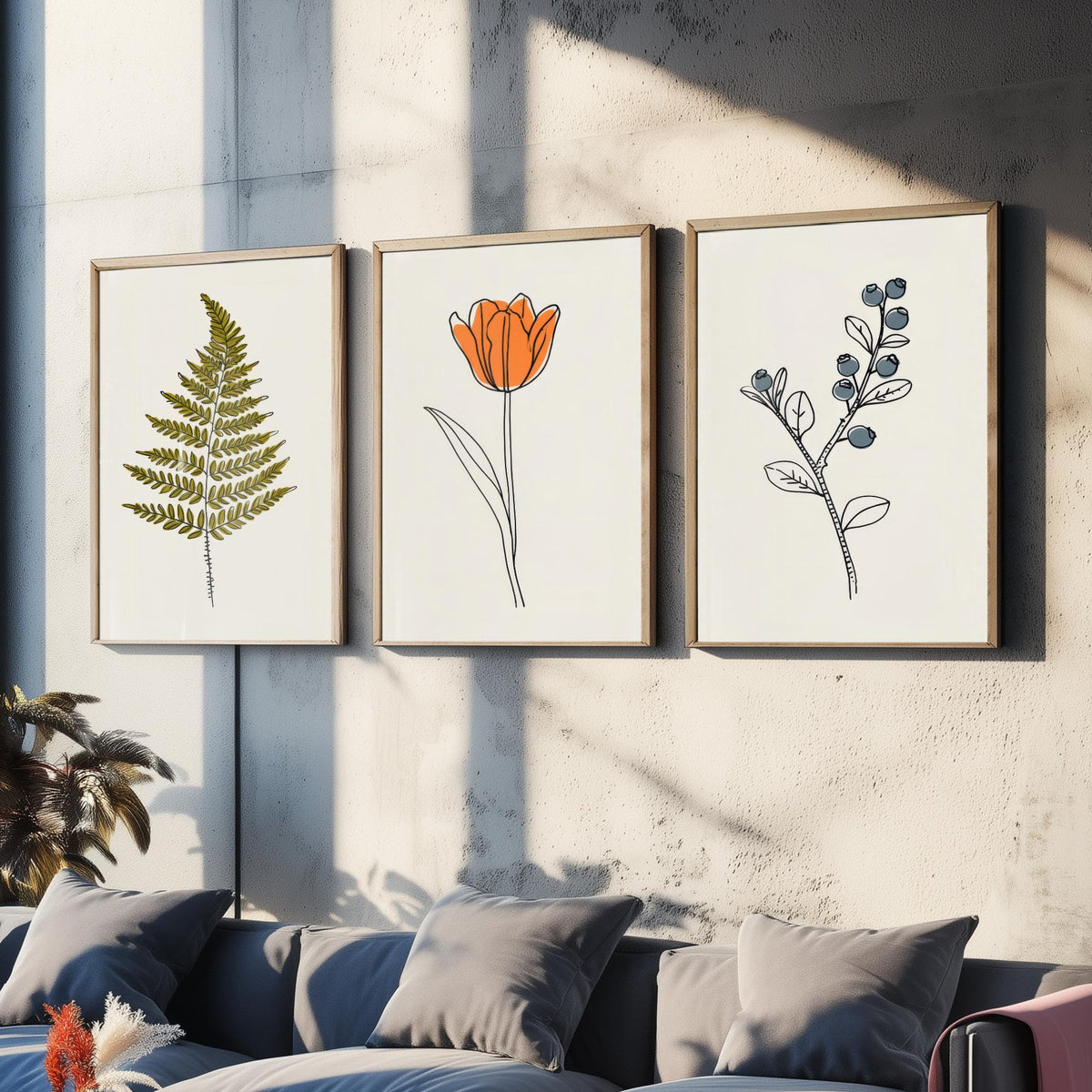 Minimalist Botanical Set of Three Art Prints - Fern, Orange Tulip, Blueberry - Line Drawing Poster with Colour V2