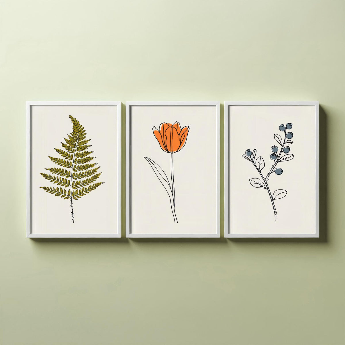 Minimalist Botanical Set of Three Art Prints - Fern, Orange Tulip, Blueberry - Line Drawing Poster with Colour V2