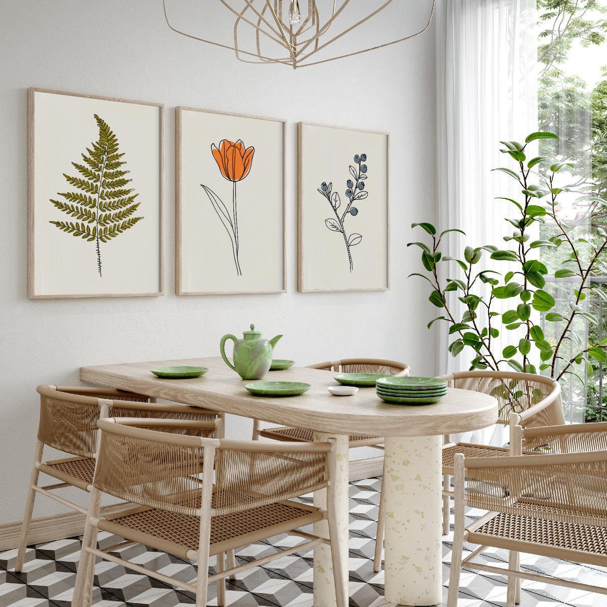 Minimalist Botanical Set of Three Art Prints - Fern, Orange Tulip, Blueberry - Line Drawing Poster with Colour V2