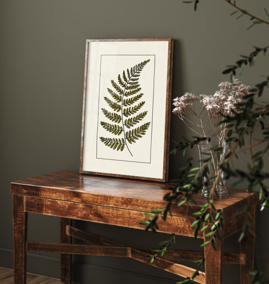 Olive Fern Art Print - Bordered Botanical Poster - Black Ink Leaf Drawing V4 1/3