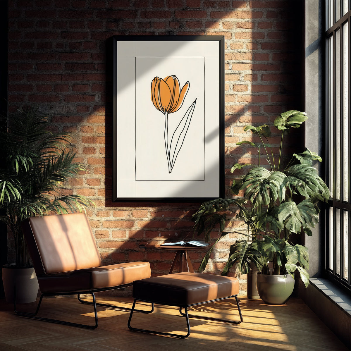 Apricot Tulip Art Print - Bordered Spring Flower Poster - Fine Line Drawing V4 2/3