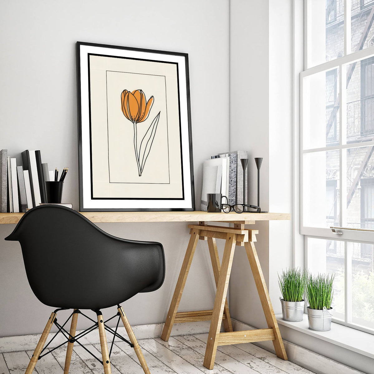 Apricot Tulip Art Print - Bordered Spring Flower Poster - Fine Line Drawing V4 2/3
