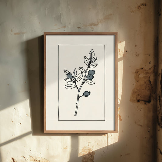 Blueberry Sprig Kitchen Poster - Slate Blue Fruit Ink Drawing - Bordered Botanical Art Print V4 3/3